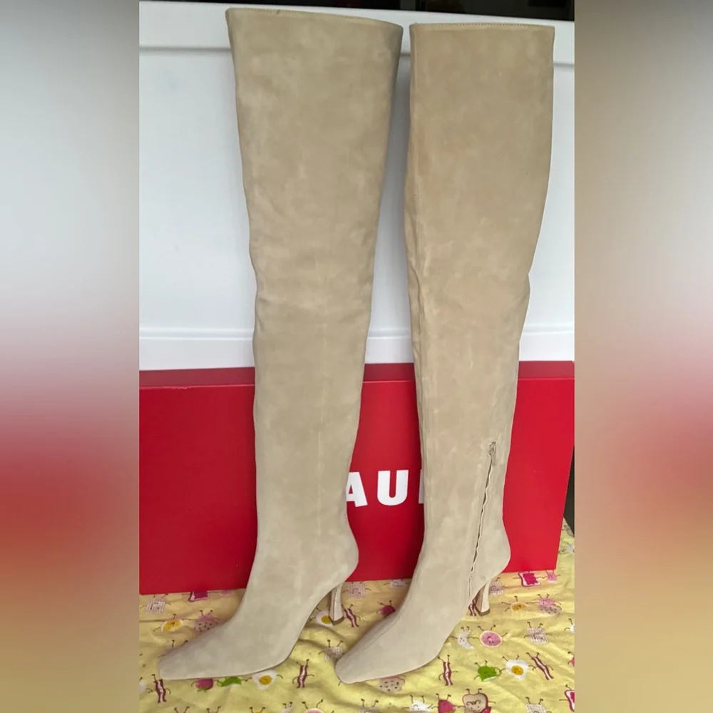 STAUD Cami Over The Knee Suede Stiletto Heel Boots Taupe Size EU 38.5 = 8.5 NIB